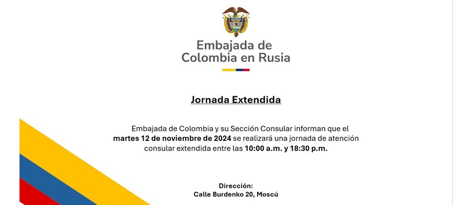 El 12 de noviembre de 2024 se realizará una jornada de atención consular extendida en la sede de la Embajada de Colombia y su sección consular