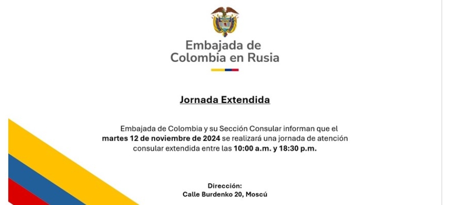 El 12 de noviembre de 2024 se realizará una jornada de atención consular extendida en la sede de la Embajada de Colombia y su sección consular